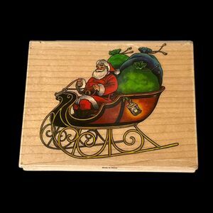 Stampabilities Santa in Sleigh Large Wood Mount Rubber Stamp Christmas NEW